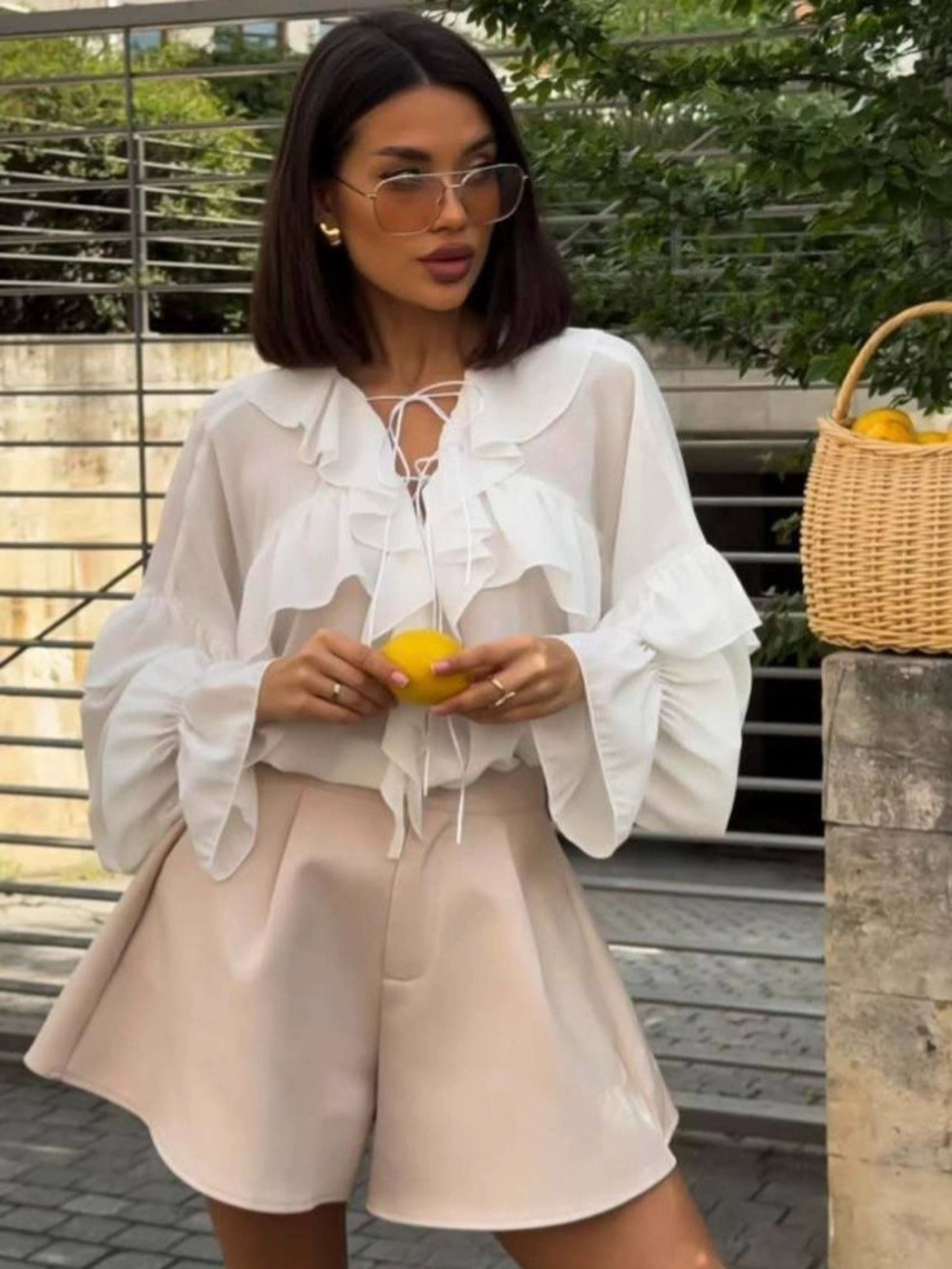 Zara Spring Summer Flowy Ruffle Trim Flare Sleeve Collar Shirt